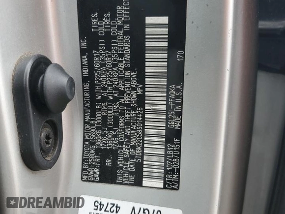 2008 Toyota Sienna XLE with VIN 5TDBK22C58S014426, listed as a Copart auction lot 43171605 with 180,286 mi miles and Salvage Title. Bid and sale history available at carsss.com. Image 13.