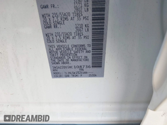 2024 Nissan Murano Platinum with VIN 5N1AZ2DS5RC108736, listed as a IAAI auction lot 42029826 with 18,026 mi miles and . Bid and sale history available at DreamBid. Image 9.