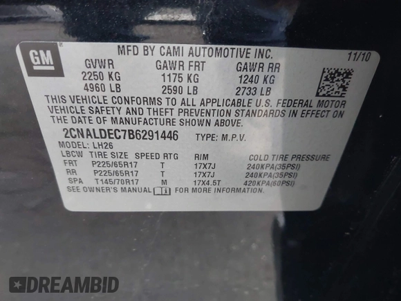 2011 Chevrolet Equinox 1LT with VIN 2CNALDEC7B6291446, listed as a IAAI auction lot 42046730 with 215,853 mi miles and . Bid and sale history available at DreamBid. Image 9.