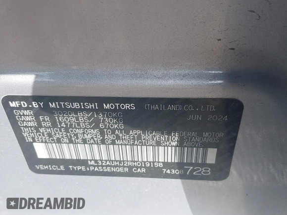 2024 Mitsubishi Mirage ES z VIN ML32AUHJ2RH019158, wystawiony jako IAAI lot #42496751 z przebiegiem 9 663 mil mil oraz . Historia ofert i sprzedaży dostępna na DreamBid. Obrazek 9.