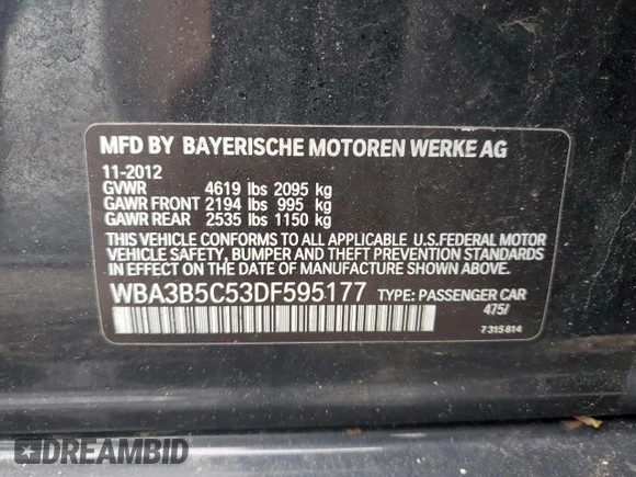 2013 BMW 3 Series 328i xDrive with VIN WBA3B5C53DF595177, listed as a Copart auction lot 57024375 with 124,873 mi miles and Salvage title. Bid and sale history available at DreamBid. Image 12.