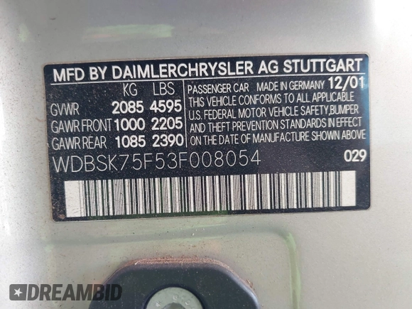 2003 Mercedes-Benz SL 500 with VIN WDBSK75F53F008054, listed as a IAAI auction lot 42506066 with Not provided miles and . Bid and sale history available at DreamBid. Image 9.