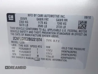 2011 Chevrolet Equinox LTZ with VIN 2CNFLGEC2B6221974, listed as a IAAI auction lot 41881454 with 64,365 mi miles and . Bid and sale history available at DreamBid. Image 9.