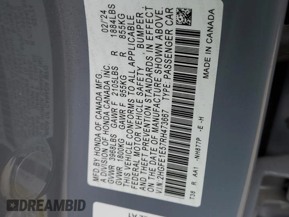 2024 Honda Civic Si with VIN 2HGFE1E57RH473667, listed as a Copart auction lot 53494905 with 12,576 mi miles and Salvage title. Bid and sale history available at DreamBid. Image 12.