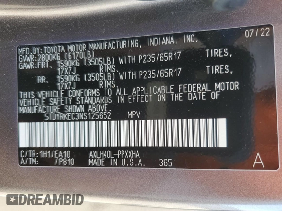 2022 Toyota Sienna XLE with VIN 5TDYRKEC3NS125652, listed as a Copart auction lot 49455045 with 67,628 mi miles and Salvage Title. Bid and sale history available at carsss.com. Image 14.