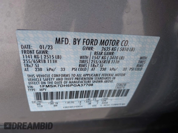 2023 Ford Explorer XLT with VIN 1FMSK7DH6PGA37708, listed as a IAAI auction lot 41996536 with 59,064 mi miles. Bid and sale history available at carsss.com. Image 9.