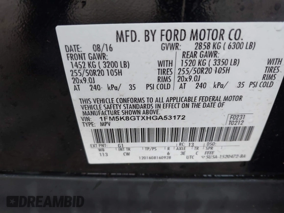 2017 Ford Explorer Sport с VIN 1FM5K8GTXHGA53172, выставлен на аукционе IAAI как лот 41848075 с пробегом 159 843 миль миль и . История ставок и продаж доступна на DreamBid. Изображение 9.