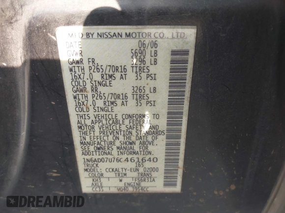 2006 Nissan Frontier SE with VIN 1N6AD07U76C461640, listed as a IAAI auction lot 42377825 with 228,611 mi miles and . Bid and sale history available at DreamBid. Image 9.
