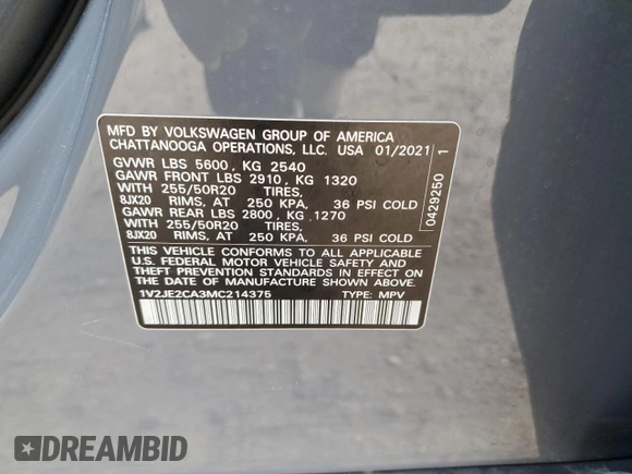 2021 Volkswagen Atlas SE z VIN 1V2JE2CA3MC214375, wystawiony jako Copart lot #54017365 z przebiegiem 34 730 mil mil oraz Szkoda całkowita • Salvage title. Historia ofert i sprzedaży dostępna na DreamBid. Obrazek 13.