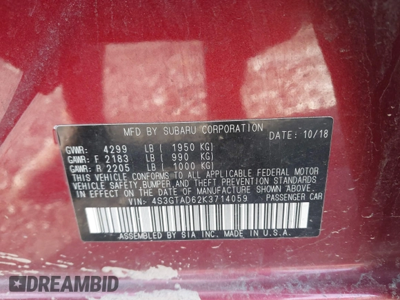 2019 Subaru Impreza Premium with VIN 4S3GTAD62K3714059, listed as a IAAI auction lot 41395396 with 51,199 mi miles. Bid and sale history available at carsss.com. Image 9.
