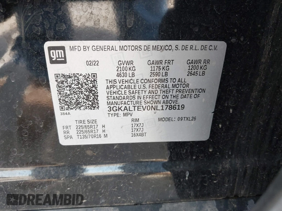 2022 GMC Terrain SLE with VIN 3GKALTEV0NL178619, listed as a IAAI auction lot 42607104 with 203,891 mi miles and . Bid and sale history available at DreamBid. Image 9.