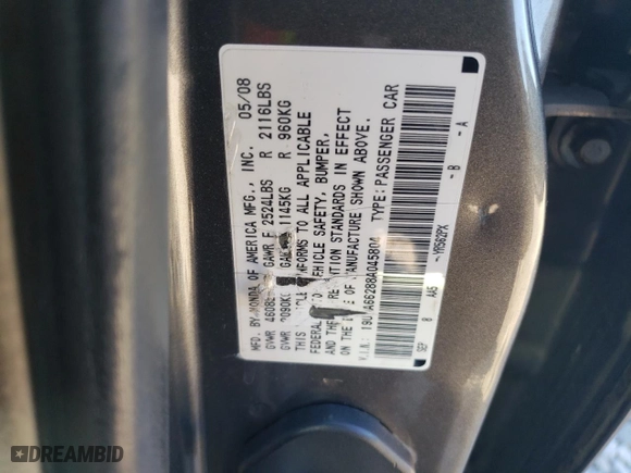 2008 Acura TL with VIN 19UUA66288A045804, listed as a Copart auction lot 46617395 with 182,013 mi miles and Salvage Title. Bid and sale history available at carsss.com. Image 12.