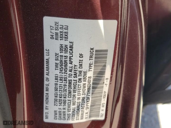 2017 Honda Ridgeline RTL-E with VIN 5FPYK3F71HB034018, listed as a Copart auction lot 51738165 with 125,242 mi miles and Salvage Title. Bid and sale history available at carsss.com. Image 12.