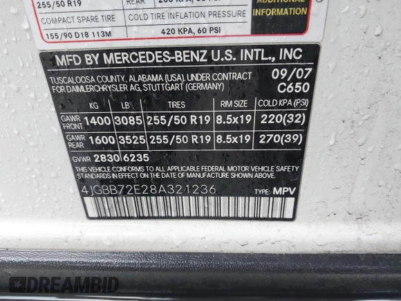 2008 Mercedes-Benz M 550 with VIN 4JGBB72E28A321236, listed as a IAAI auction lot 41720074 with 193,503 mi miles and . Bid and sale history available at carsss.com. Image 9.