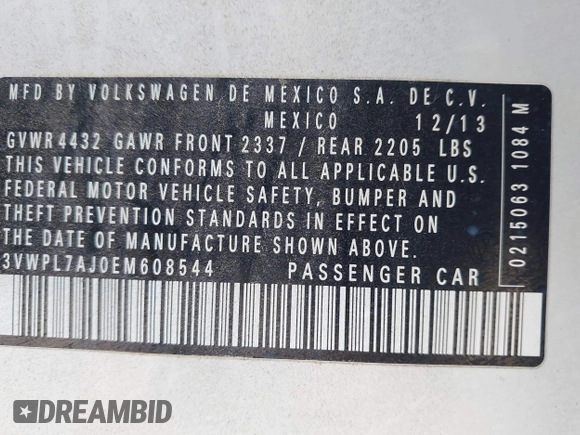2014 Volkswagen Jetta TDI w/Sunroof & Nav with VIN 3VWPL7AJ0EM608544, listed as a IAAI auction lot 42549920 with 185,900 mi miles and . Bid and sale history available at DreamBid. Image 9.