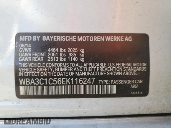 2014 BMW 3 Series 328i with VIN WBA3C1C56EK116247, listed as a Copart auction lot 48554445 with 106,557 mi miles and Salvage Title. Bid and sale history available at carsss.com. Image 14.