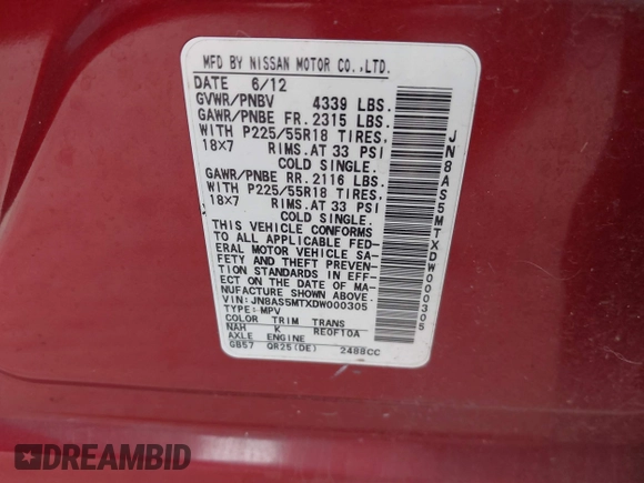 2013 Nissan Rogue S with VIN JN8AS5MTXDW000305, listed as a IAAI auction lot 41803380 with 213,485 mi miles and . Bid and sale history available at DreamBid. Image 9.