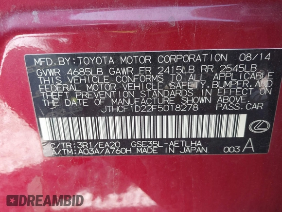 2015 Lexus IS 250 with VIN JTHCF1D22F5018278, listed as a IAAI auction lot 42098087 with 155,767 mi miles and . Bid and sale history available at DreamBid. Image 9.