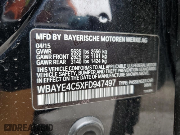 2015 BMW 7 Series 740Li with VIN WBAYE4C5XFD947497, listed as a Copart auction lot 55705975 with 257,496 mi miles and Clean Title. Bid and sale history available at DreamBid. Image 12.