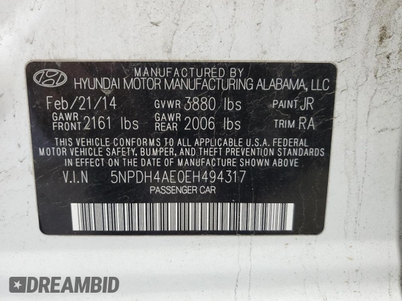 2014 Hyundai Elantra SE with VIN 5NPDH4AE0EH494317, listed as a Copart auction lot 56297895 with 87,835 mi miles and Salvage title. Bid and sale history available at DreamBid. Image 12.