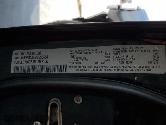 2021 Ram 2500 Tradesman with VIN 3C6UR5CJ4MG638608, listed as a Copart auction lot 53738125 with 90,447 mi miles and Salvage title. Bid and sale history available at DreamBid. Image 15.