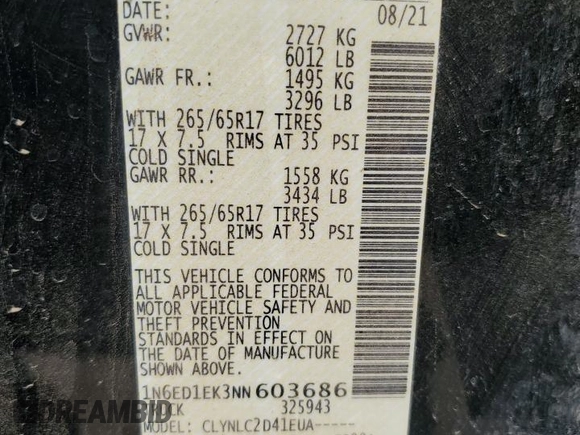 2022 Nissan Frontier SV with VIN 1N6ED1EK3NN603686, listed as a Copart auction lot 56250585 with 87,113 mi miles and Salvage title. Bid and sale history available at DreamBid. Image 13.