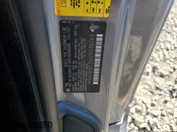 2007 BMW 3 Series 335i with VIN WBAWB73567P036763, listed as a Copart auction lot 45509345 with 196,588 mi miles and Salvage Title. Bid and sale history available at carsss.com. Image 12.