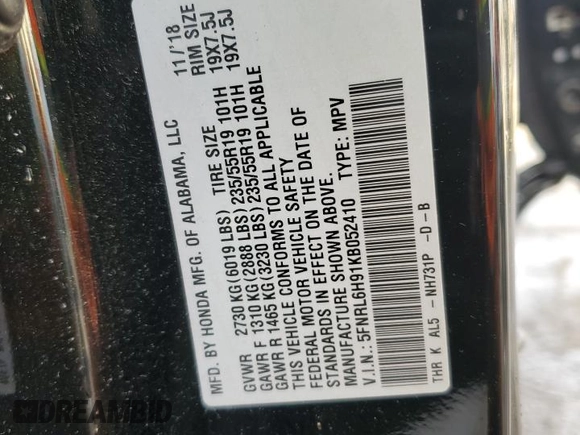 2019 Honda Odyssey Elite with VIN 5FNRL6H91KB052410, listed as a Copart auction lot 46517495 with 74,508 mi miles and Salvage Title. Bid and sale history available at DreamBid. Image 14.