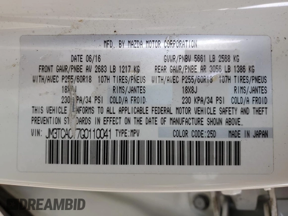 2016 Mazda CX-9 Touring with VIN JM3TCACY7G0110041, listed as a Copart auction lot 59218545 with 142,198 mi miles and Salvage title. Bid and sale history available at DreamBid. Image 14.