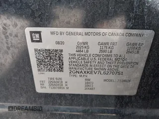 2020 Chevrolet Equinox LT with VIN 2GNAXKEV7L6270751, listed as a IAAI auction lot 41898301 with 50,050 mi miles. Bid and sale history available at carsss.com. Image 9.