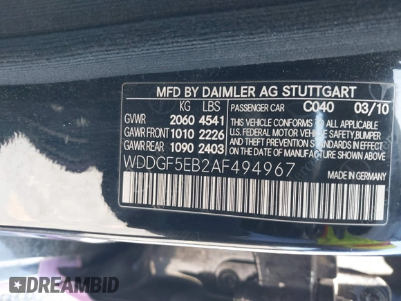 2010 Mercedes-Benz C 300 Sport with VIN WDDGF5EB2AF494967, listed as a IAAI auction lot 39210669 with Not provided miles and . Bid and sale history available at DreamBid. Image 9.