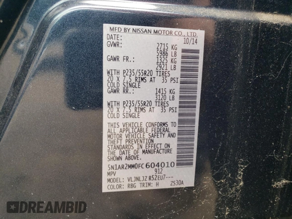 2015 Nissan Pathfinder Platinum with VIN 5N1AR2MM0FC604010, listed as a Copart auction lot 62096355 with 157,393 mi miles and Clean title. Bid and sale history available at DreamBid. Image 13.