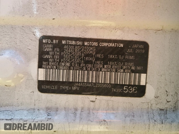 2020 Mitsubishi Eclipse Cross SE with VIN JA4AS5AA7LZ005600, listed as a Copart auction lot 88576855 with 100,460 mi miles and Salvage title. Bid and sale history available at DreamBid. Image 13.