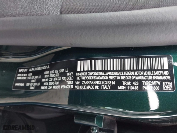 2020 Alfa Romeo Stelvio Ti with VIN ZASPAKBNXL7C75314, listed as a IAAI auction lot 41742922 with 34,620 mi miles. Bid and sale history available at carsss.com. Image 9.
