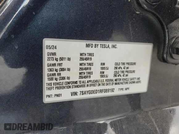 2024 Tesla Model Y z VIN 7SAYGDED1RF089192, wystawiony jako Copart lot #48752085 z przebiegiem 7 643 mil mil oraz Szkoda całkowita • Salvage title. Historia ofert i sprzedaży dostępna na DreamBid. Obrazek 14.