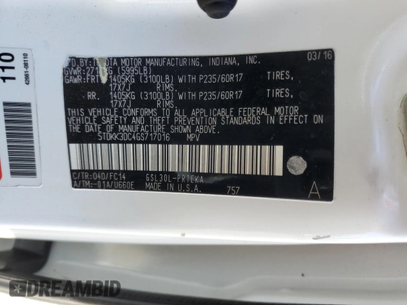 2016 Toyota Sienna LE AAS with VIN 5TDKK3DC4GS717016, listed as a Copart auction lot 70089664 with 131,654 mi miles and Salvage Title. Bid and sale history available at carsss.com. Image 16.