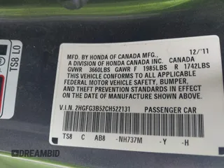 2012 Honda Civic Cpe LX with VIN 2HGFG3B52CH522131, listed as a IAAI auction lot 42071860 with 172,902 mi miles. Bid and sale history available at carsss.com. Image 9.