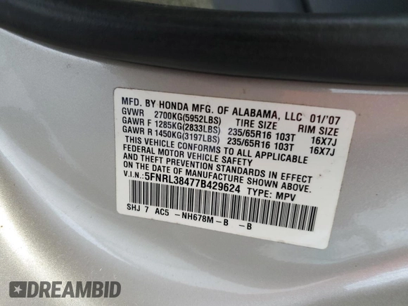 2007 Honda Odyssey EX with VIN 5FNRL38477B429624, listed as a Copart auction lot 53961825 with 144,957 mi miles and Salvage Title. Bid and sale history available at DreamBid. Image 13.