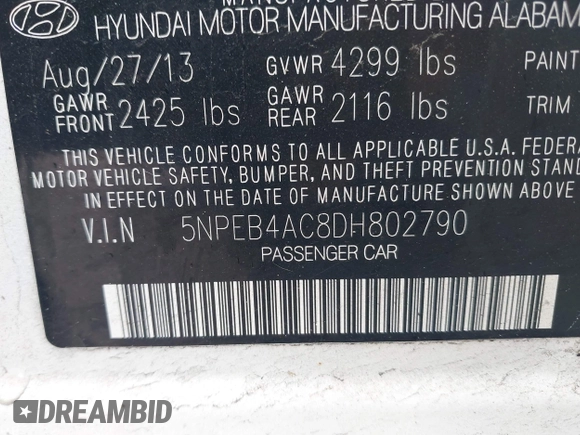 2013 Hyundai Sonata GLS with VIN 5NPEB4AC8DH802790, listed as a IAAI auction lot 42193414 with 198,592 mi miles and . Bid and sale history available at DreamBid. Image 9.