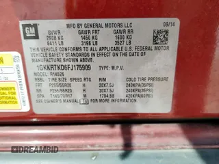 2015 GMC Acadia Denali with VIN 1GKKRTKD6FJ175909, listed as a Copart auction lot 52730395 with 213,061 mi miles and Salvage Title. Bid and sale history available at carsss.com. Image 16.