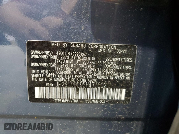 2025 Subaru Forester Premium with VIN JF2SLDDC9SH471002, listed as a Copart auction lot 56819605 with 3,711 mi miles and Salvage title. Bid and sale history available at DreamBid. Image 14.