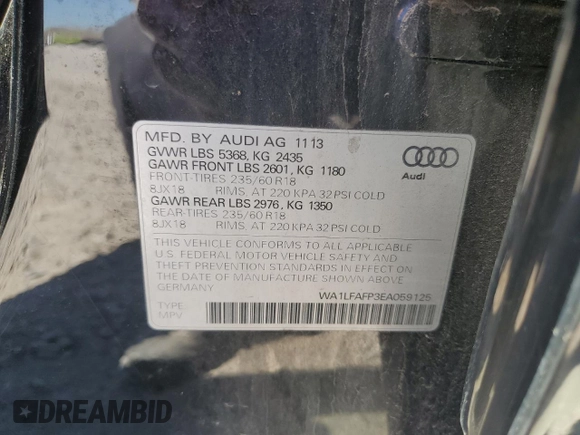 2014 Audi Q5 Premium Plus with VIN WA1LFAFP3EA059125, listed as a Copart auction lot 55281615 with 201,414 mi miles and Clean Title. Bid and sale history available at carsss.com. Image 12.