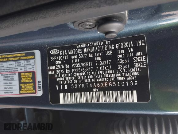 2014 Kia Sorento LX with VIN 5XYKT4A6XEG510139, listed as a IAAI auction lot 40438670 with 155,854 mi miles. Bid and sale history available at carsss.com. Image 9.