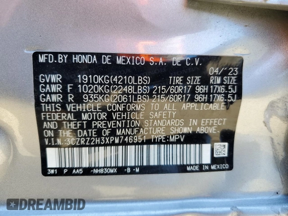 2023 Honda HR-V LX with VIN 3CZRZ2H3XPM746951, listed as a Copart auction lot 57582525 with 30,088 mi miles and Salvage title. Bid and sale history available at DreamBid. Image 12.