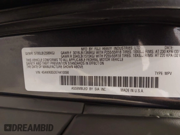 2007 Subaru Tribeca 7-Pass с VIN 4S4WX85D074410098, выставлен на аукционе IAAI как лот 42356668 с пробегом 208 808 миль миль и . История ставок и продаж доступна на DreamBid. Изображение 9.