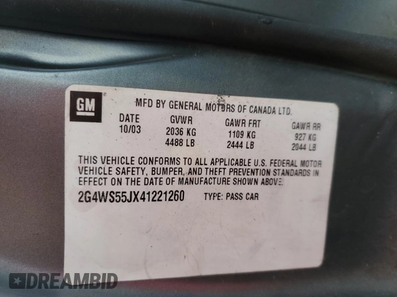 2004 Buick Century Custom with VIN 2G4WS55JX41221260, listed as a Copart auction lot 83972324 with 0 mi miles and Salvage Title. Bid and sale history available at carsss.com. Image 12.