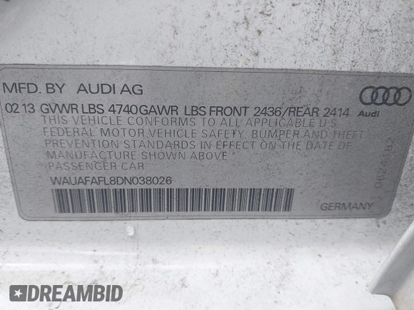 2013 Audi A4 Premium z VIN WAUAFAFL8DN038026, wystawiony jako IAAI lot #42271154 z przebiegiem 210 669 mil mil oraz . Historia ofert i sprzedaży dostępna na DreamBid. Obrazek 9.