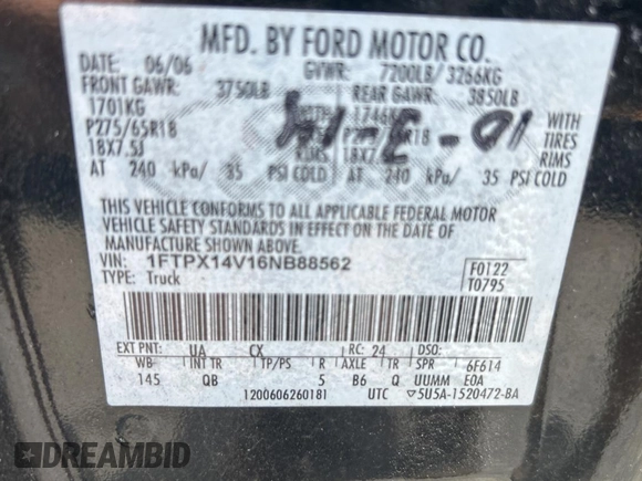 2006 Ford F-150 XLT with VIN 1FTPX14V16NB88562, listed as a Copart auction lot 63709595 with 189,748 mi miles and Clean title. Bid and sale history available at DreamBid. Image 10.