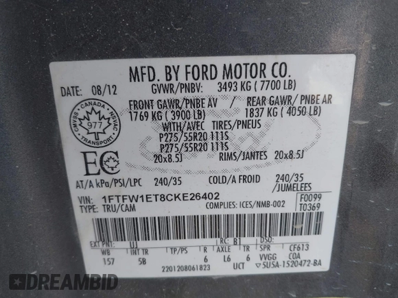 2012 Ford F-150 XL with VIN 1FTFW1ET8CKE26402, listed as a IAAI auction lot 41446188 with 167,987 mi miles. Bid and sale history available at carsss.com. Image 9.