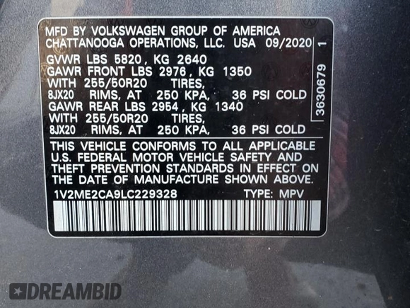 2020 Volkswagen Atlas SEL with VIN 1V2ME2CA9LC229328, listed as a Copart auction lot 83252054 with 75,278 mi miles and Salvage title. Bid and sale history available at DreamBid. Image 15.
